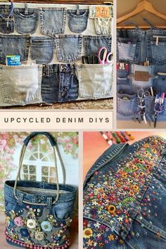 an upcycled denim purse with lots of pockets