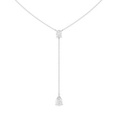 A sparkling piece you can take from coffee to cocktails. This lariat-style necklace features a Y-shaped chain with an oval-cut diamond and a pear-cut diamond. With this glittering accessory's stylish yet minimalist design, you can wear it for every day of the week and for any occasion. White Gold Lariat Diamond Necklace, Formal Drop Lariat Necklace With Adjustable Chain, Fine Jewelry Diamond Long Drop Necklace, White Gold Lariat Necklace With Diamond Cut, White Gold Diamond Cut Lariat Necklace, Formal Lariat Necklace With Teardrop Pendant, Formal White Gold Drop Lariat Necklace, Fine Jewelry Diamond Lariat Drop Necklace, Anniversary Diamond Lariat Necklace