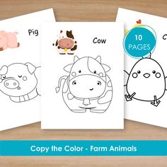 four farm animals coloring pages with the words copy the color - form animals on them