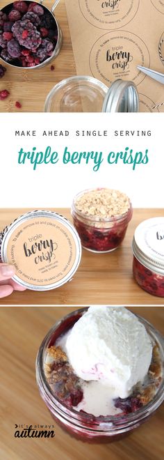 three different types of desserts with the words triple berry crispes written on them