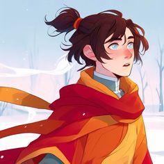 a woman in an orange and red scarf is walking through the snow with her hair blowing in the wind