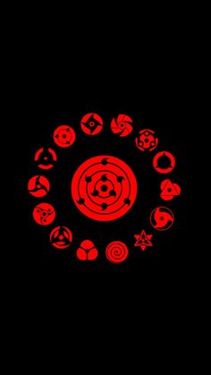 a red circle with many different symbols in the center on a black background that appears to be lit up