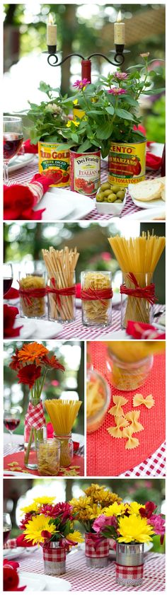 various pictures of food and flowers on a table