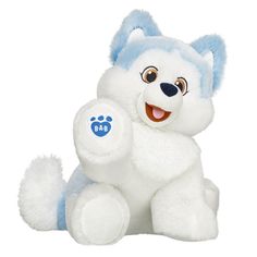 a white and blue stuffed animal with an emo on it's chest