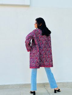 This beautiful, handmade, quilted Silk long jacket is made by artisans in India. It’s a bohemian style, kimono cut, oversized Jacket. Reversible with both sides pattern & hence its two jackets in price of one Long Sleeve Boho Print Outerwear For Fall, Bohemian Long Sleeve Outerwear With Boho Print, Festival Cotton Outerwear With Kimono Sleeves, Bohemian Cotton Kimono For Fall, Folk Long Sleeve Kimono For Fall, Folk Style Long Sleeve Kimono For Fall, Cotton Long Sleeve Hippie Kimono, Hippie Style Cotton Long Sleeve Kimono, Hippie Style Long Sleeve Cotton Kimono