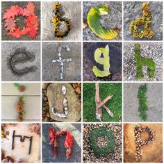 many different images of letters and numbers made out of leaves, twigs, rocks, and stones