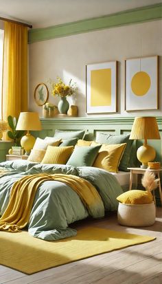 a bedroom with yellow and green decor on the walls, bed linens and pillows