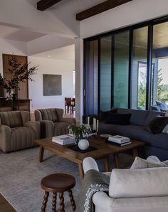 a living room with couches, chairs and tables in front of glass doors that look out onto the outdoors