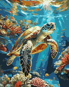 a painting of a turtle swimming in the ocean with corals and other marine life