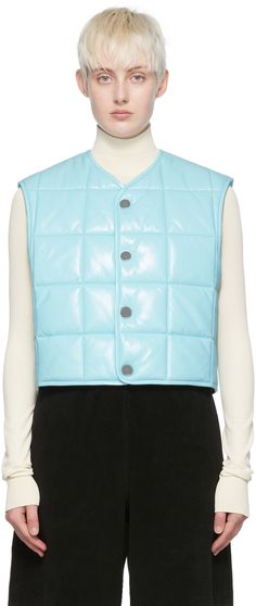 Insulated grained lambskin vest. Quilting throughout. · Y-neck · Press-stud closure · Full lambskin lining Supplier color: Pale blue | Bottega Veneta Blue Leather Vest Women Leather Vest, Outerwear Vest, Quilted Vest, Leather Vest, Vest Dress, Outerwear Women, Blue Leather, Pale Blue, Womens Vest