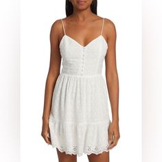 This Dress Is Simply The Perfect Summer Dress. It Looks Amazing With Wedges Or Sneakers . Two Sizes 8 And 10 Both New With Tags . Straps Come Long And Are Adjustable . White Sleeveless Eyelet Mini Dress, Mini Length Eyelet Dresses, Daywear Mini Dress With Eyelets, Fitted Eyelet Dress For Vacation, Embroidery Mini, Olivia White, Yellow Mini Dress, Mini Dress White, Eyelet Embroidery