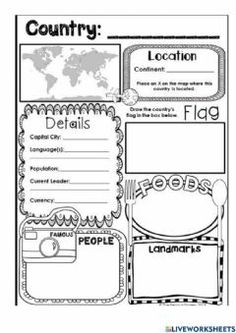 the country worksheet is shown with pictures and information for students to use in their class