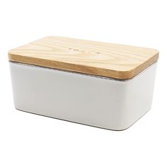 a white container with wooden lid on a white background