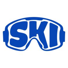 the ski goggles are blue and have white letters on them that read, ski