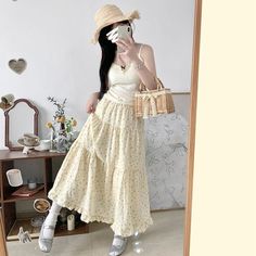 Sweet Fresh Floral Fungus A-line Skirt for Women High Waist Ruched Cake Skirts 2024 Summer New Faux Leather Motorcycle Jacket, Bow Shorts, Zippered Cardigan, Skirt For Women, New Pant, Dress Spaghetti, Casual Coat, Pant Shirt, Spaghetti Strap Dresses