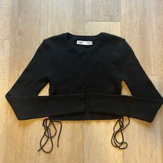 New With Tags! Size Medium Sides Tie With Little Cut Outs Ribbed Stretchy Material Zara Cropped Crop Top For Fall, Zara Crop Top For Fall, Zara Crop Top For Fall Night Out, Zara Crop Top For Night Out In Fall, Casual Zara Crop Top For Fall, Cropped Long Sleeve, Zara Black, Zara Tops, Cut Outs