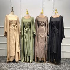 This 3 piece dress is fully lined and non see through that needs no occasion. Surely the most versatile outfit that can mix and match with anytime. Includes a long sleeve inner slip dress, an open abaya, and a wrap skirt. Made of premium cotton linen material. Available in 4 beautiful colors. Plain Kimono, Celebrity Fashion Outfits, Celebrities Fashion, Open Abaya, Wrap Skirts, Muslim Outfits, Muslim Dress, Modest Wear, Abaya Dress