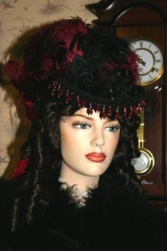 "Victorian Riding Hat Victorian SASS Hat Steampunk Hat Spirit of Tuscaloosa is designed over a made in the USA black wool base... the edge of the brim is trimmed with French style beads in a pretty shade of dark red wine and then it's accented with a black gimp. The front of the hat has two beautiful black silk and organza roses with a backdrop of tiny black coque feathers. The hat band is a black shot burgundy silk and the bow the same colored silk. The final touch is addition of the gorgeous o Heart Hats, Edwardian Hats, Top Hats For Women, Tea Hat, Edwardian Hat, Making Hats, Burgundy Hat, Tea Hats, Victorian Hats