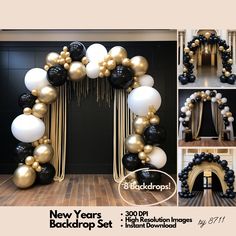 new years backdrop set with black, white and gold balloons in the shape of arch