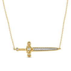 Witty and charming, this diamond sword necklace makes the cut in style. Crafted in warm 10K gold, this sculpted sword showcases diamonds shimmering along the blade. Bezel-set diamonds dot the hilt for added sparkle. Radiant with 1/6 ct. t.w. of diamonds and a bright polished shine, this design suspends centered along an 18.0-inch rope chain that secures with a spring-ring clasp. Love Shape, Bezel Set Diamond, Geek Out, Rope Chain, 10k Gold, Bezel Setting, Gifts For Husband, Spring Rings, Favorite Jewelry