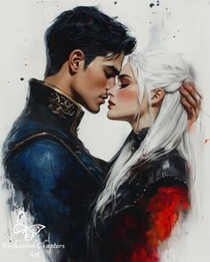 a painting of two people with white hair and one is kissing the other's forehead