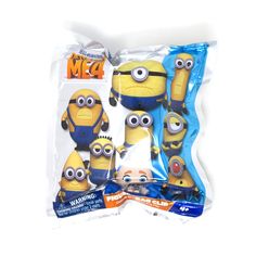 three small yellow and blue despicables in plastic bags