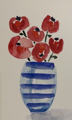 a watercolor painting of red flowers in a blue striped vase on a white background