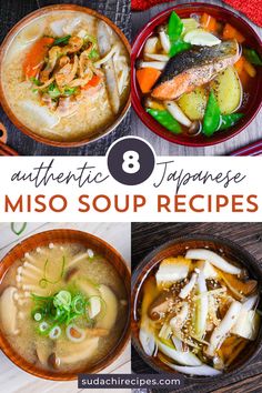 a collage of pictures of different kinds of Japanese miso soup Miso Butternut Squash Soup, Japanese Vegetable Soup, Authentic Miso Soup, Miso Soup Vegetarian, White Miso Soup, Easy Miso Ramen Soup, Quick Miso Soup, Best Miso Soup Recipe, Japanese Meal Recipes