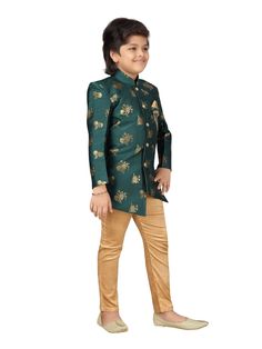 This sherwani breeches suit set for kids; which will give your little boy a ethnic outfit texture and will fetch lot of ravishing compliments for your child. The fabric used for this product is Jacquard Blend with keeping in mind the all day clothing comfort for your child. You can team it with matching footwear for giving a marvellous look to your child. Suitable for festive occasions; parties and weddings and other traditional events. * Please share your phone number once you place the order, Boys Sherwani Indian Weddings, Gold Sherwani With Dupatta For Navratri, Bandhgala Straight Kurta For Diwali Party, Navratri Party Sherwani With Dabka Work, Designer Sherwani With Zari Work For Navratri, Designer Zari Work Sherwani For Navratri, Long Sleeve Green Sherwani For Navratri, Green Long Sleeve Sherwani For Navratri, Party Sherwani With Self Design And Fitted Style