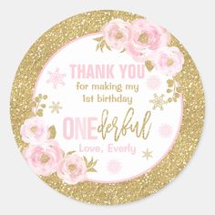 a pink and gold birthday sticker with flowers on it