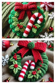 crocheted christmas wreath ornament with candy canes