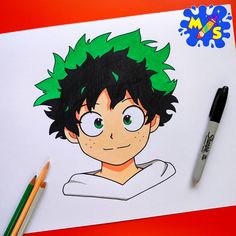 a drawing of an anime character with green hair and blue eyes on a white paper