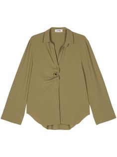 olive green stretch-design georgette crepe spread collar split neck long wide sleeves with buttoned cuffs front ruched detailing curved hem rear pleat detailing front button fastening Olive Workwear Tops With Button Closure, Olive Tops With Button Closure For Work, Elegant Khaki Blouse For Work, Chic Olive Long Sleeve Tops, Georgette Shirt, Yoko London, City Dress, Airport Fashion, Summer Beach Wear