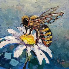 a painting of a bee sitting on top of a white and yellow flower with blue background