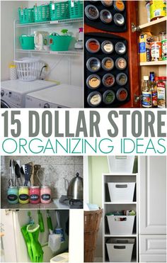 the top ten dollar store organizing ideas are organized in this collage, with lots of items