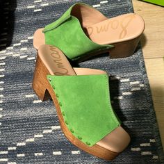 Awesome And Comfortable Wedges That I Just Don’t Have Anywhere To Wear Them To! Mild Wear On The Inside, But Probably Only Worn 4-5 Times. Green Heels With Cushioned Footbed And Round Toe, Green Round Toe Heels With Cushioned Footbed, Casual Green Heels With Cushioned Footbed, Casual Green Heels With Reinforced Heel, Green Leather Heels With Cushioned Footbed, Summer Green Slip-resistant Clogs, Casual Green Slip-resistant Clogs, Green Slip-on Wedge Sandals For Vacation, Spring Clogs With 4-inch Wedge Heel