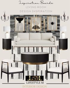 the interior design board for living room and dining room is shown in black, white and gold