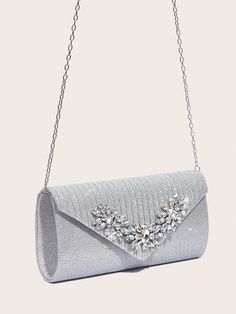 Silver Shoulder Bag With Rhinestones For Party, Silver Rhinestone Shoulder Bag For Parties, Glamorous Silver Glitter Clutch, Silver Glitter Clutch For Evening, Silver Embellished Evening Bag For Prom, Silver Glitter Evening Clutch, Sparkling Silver Party Clutch, Silver Glitter Clutch Evening Bag, Rhinestone Clutch For Prom