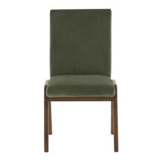 a green upholstered chair with wooden legs and backrests on an isolated white background