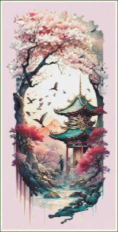 Discover the enchanting beauty of the Orient with our Oriental inspired cross stitch pattern of a Blossom Temple, a traditional style temple  surrounded by cherry blossoms! This whimsical and unique design is sure to captivate your imagination and transport you to a serene and tranquil setting. Crafted with the utmost attention to detail, this cross stitch pattern is designed with high detail.  The pastel colours bring to life the stunning cherry blossom trees and temple.  Designed to be stitched on 25ct evenweave and 184 colours, this pattern is perfect for experienced cross stitchers or those looking for a challenge.   Whether you're looking to add a touch of the Orient to your home decor or want to create a unique and thoughtful gift for someone special, our Oriental Inspired Cross Stit Cherry Blossom Trees, Cross Stitch Tree, Stitch Art, Cherry Blossom Tree, Cross Stitch Patterns Free, Pastel Colours, Blossom Trees, Free Cross Stitch, Stitching Art