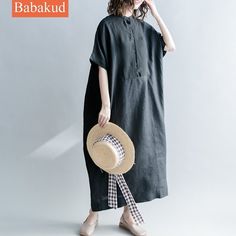 Babakud Linen Casual Loose Solid Button Front Dress With Pocket 2019 July New One Size Black Black Button-up Shirt Dress For Beach, Black Shirt Dress With Button Closure For Beach, Casual Black Shirt Dress With Buttons, Black Midi Dress With Buttons For Beach, Long Linen Dress, Cotton Linen Dresses, Linen Casual, Button Front Dress, Linen Dresses