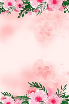 pink flowers and green leaves on a light pink background