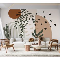 the living room is decorated with modern furniture and wall art, including an abstract mural