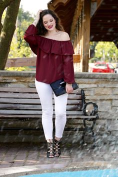 Burgundy off-the-shoulder top with white jeans. White Jeans Red Top Outfit, Off The Shoulder Top Outfit, Wardrobe Styling, White Jeans Outfit, Fashion Enthusiast, Pants Outfits, Top Outfit