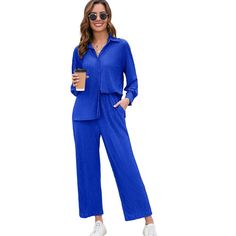 Women's 2 Piece Casual Pleated Outfits Short Sleeve Button Down Shirt High Waist Wide Leg Trouser Sets Suit Package:1 x Long Sleeve Button Down Shirt+ 1 x High Waisted Loose Wide Leg Pants Neckline: V Neck Soft, Breathable, Comfy Fabric Simple Solid Color Striking Functional Contrast Buttons Design Sleeve Length:Long sleeve Season: Summer,Spring,Fall,Winter All Matching:Button down blouse jumpsuit outfit,short sleeve blouse top and pant tracksuit outfit,loose button down shirt and palazzo pant s Casual Collared Sets With Buttons, Casual Sets With Button Closure And Relaxed Fit, Casual Sets With Button Closure In Relaxed Fit, Casual Loungewear Sets With Button Closure, Solid Color Button-up Sets With Pockets, Casual Spring Sets With Button Cuffs, Casual Fall Sets With Collared Shape, Casual Blue Buttoned Sets, Casual Workwear Sets With Button Closure