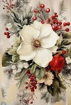 a painting of white flowers and red berries on a beige background with snowflakes