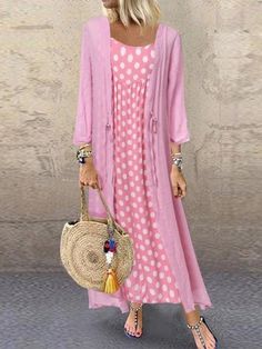 Boho 3/4 Sleeve Spaghetti Straps Polka Dot Printed Casual Two Piece Maxi Dress - Azzlee Dresses By Length, Pink Maxi Dress, Style Maxi Dress, Dress Maxi, Types Of Dresses, Polka Dot Print, Dress Size Chart, Two Piece Dress, Types Of Skirts