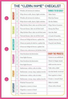 the clean home checklist is shown in pink and yellow