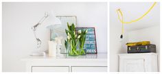 two pictures with flowers in vases on top of a dresser