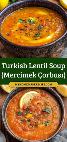 two bowls of turkish lentil soup with lemons and parsley